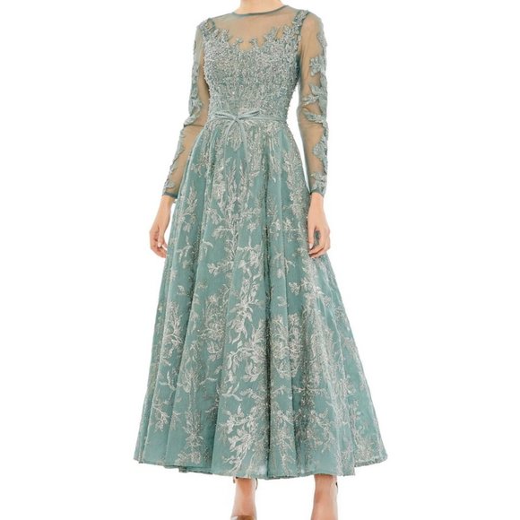Mac Duggal Jade Green Beaded Floral Long Sleeve Illusion Lace Gown